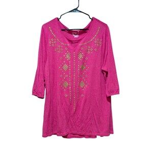JMS Just My Size  Pink w Gold Glitter Design Keyhole Tunic Top Shirt 2X 18W-20W